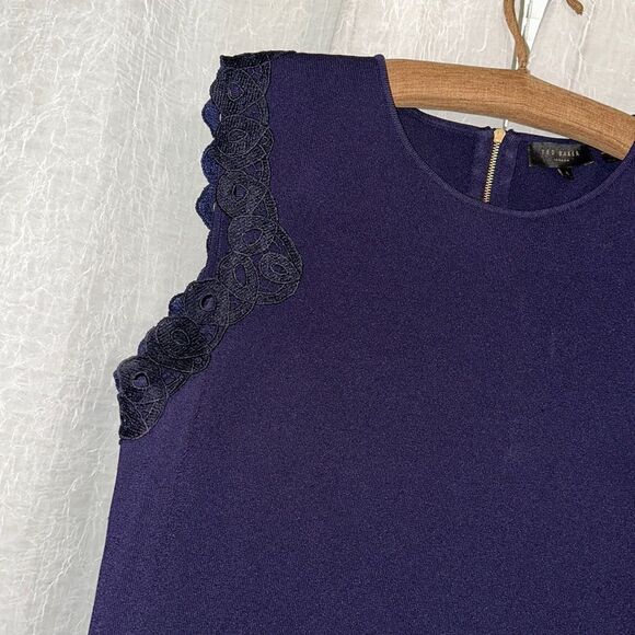 Ted Baker L Navy Lucia Knit Sleeveless Lace Trim Back Zip Shift Dress - Picture 12 of 15